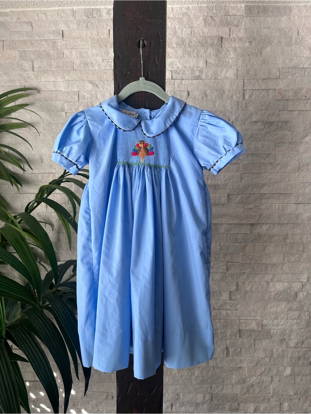 Smockingbird Blue Handmade Smocked Girl's Dress Colorful Turkey Size 3T